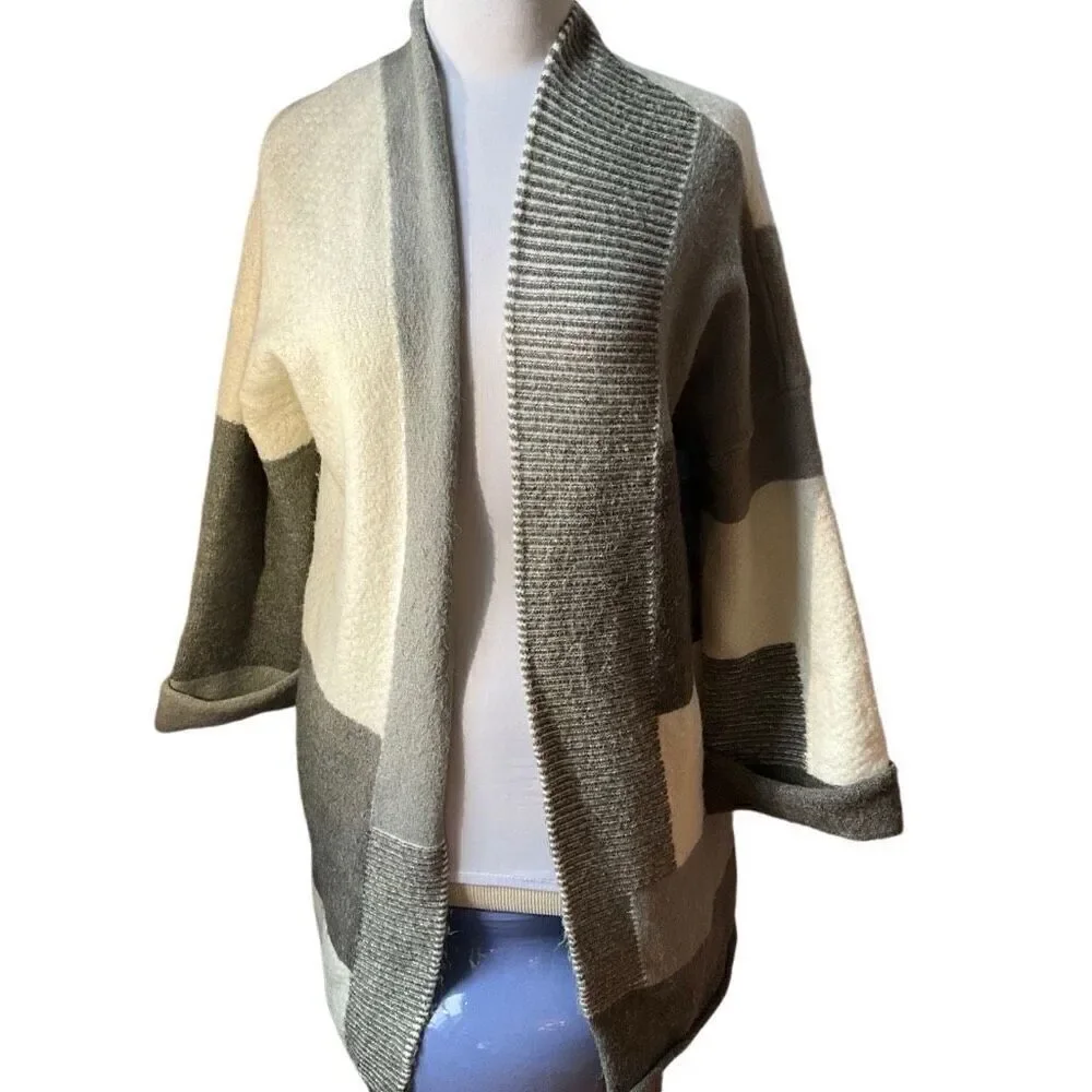 Cyrus Open Patchwork Coatigan/Sweater Coat. S. Grey and Cream Colorblock